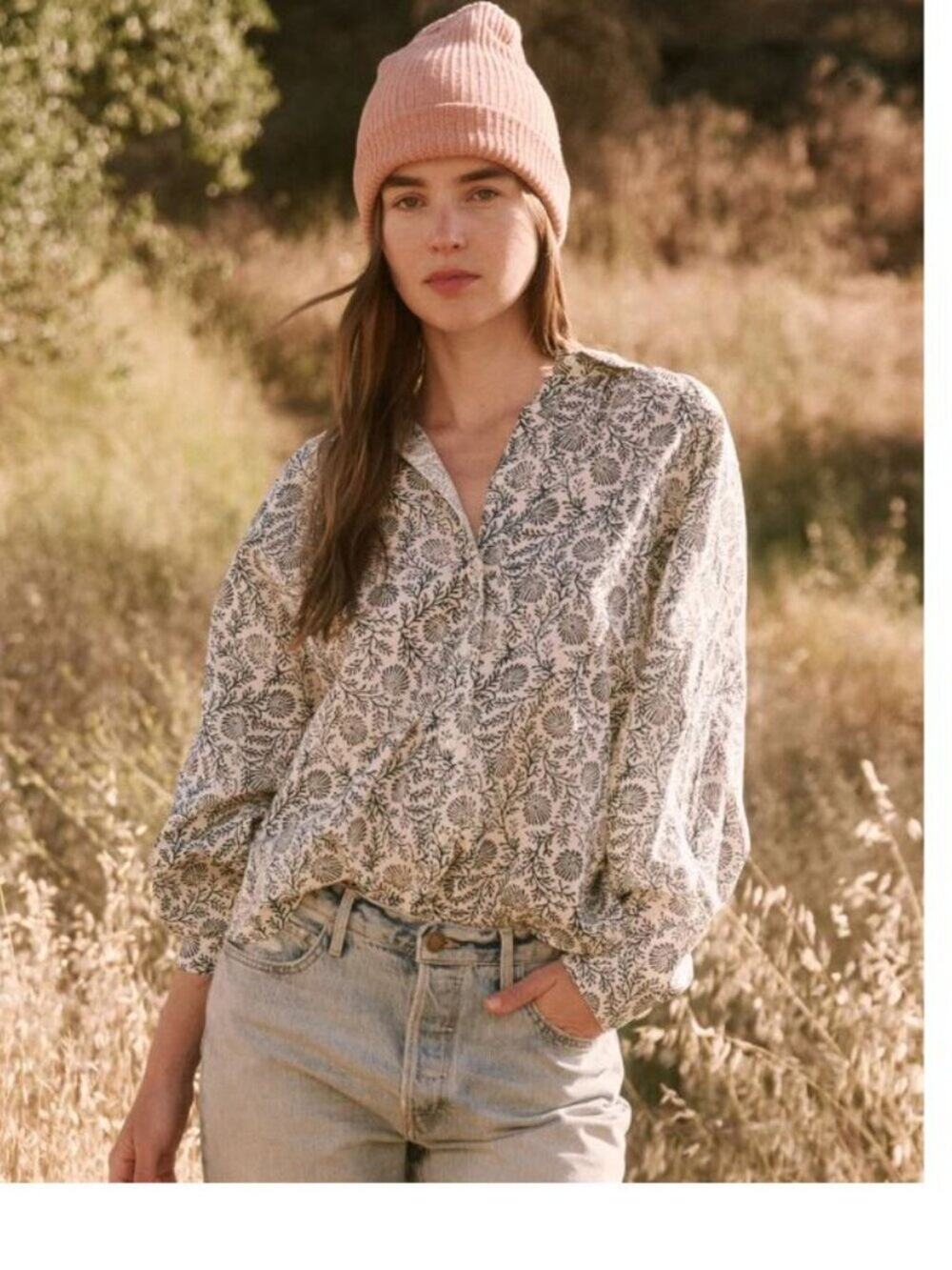 The Great. The Estate Button Up in Feather Grass Block Print Blue Sz 1 (S)